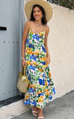 PRETTYGARDEN Women’s Summer Casual Loose Sleeveless Floral Sundress Spaghetti Strap Tiered Maxi Dress Flowy Beach Dresses (Pink Blue Flower, Small) - Thumbnail 4