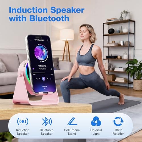 TARKARI Wireless Induction Speaker, 5 in 1 Bluetooth Speaker, 360 Rotation Cell Phone Stand and Colorful Ambient Light, Compatible with iPhone iPad Android Tablet, Gifts for Women - Thumbnail 2