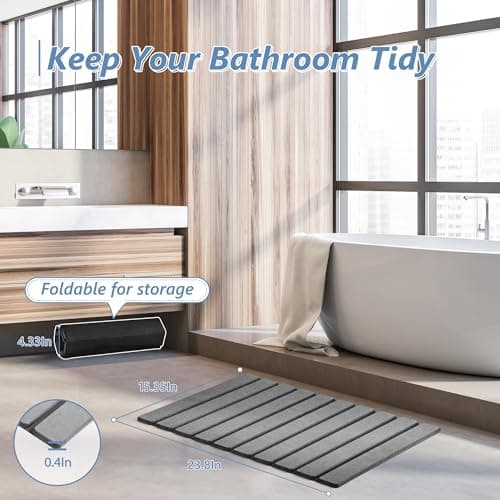 AWW Foldable Stone Bath Mat, Quick Dry Diatomaceous Earth Bath Mat with Non-Slip Mat, Super Absorbent, Easy to Clean, Compact for Small Bathrooms, 23.6 x 15.5, Grey - Thumbnail 5