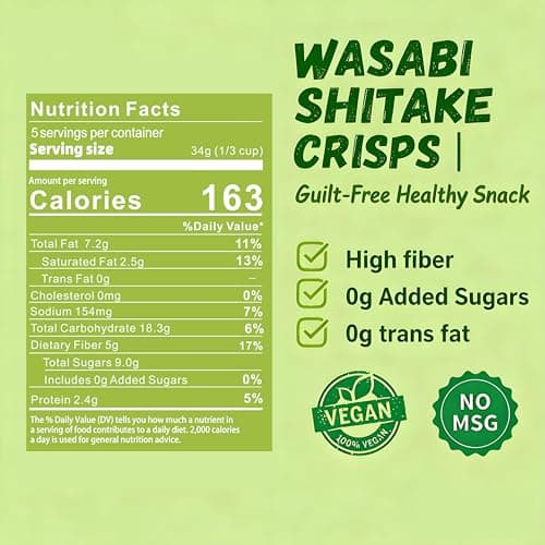 VIGOROUS MOUNTAINS Wasabi Shiitake Mushroom Snack Chips, 6 oz | Crunchy Veggie Crisps, Non-GMO, Low-Fat High Fiber, Vegetarian-Friendly | Ideal for Office, Camping, On-the-Go Snacks - Thumbnail 2