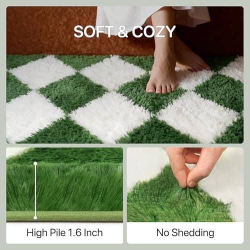 GENIMO Checkered Rug 8x10 Area Rugs for Kids Bedroom Soft Shag Rug Fluffy Fuzzy Carpet Plush Rugs for Living Room Nursery Playroom Dorm Modern Home Decor Aesthetic, Green and White - Thumbnail 3