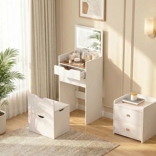 WIDELUCK 3-in-1 Vanity with Mirror and Lights, Modern Compact Vanity Table with 3 Storage Drawer, Small Makeup Vanity Desk, Dressing Table with Cushioned Stool for Bedroom, Cloakroom (White) - Image 1