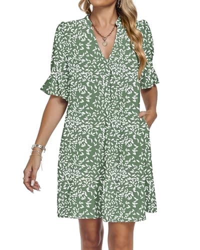 AUSELILY Vacation Dresses for Women V Neck Ruffle Short Sleeve Casual Shift Dress, Olive Green Leaves M - Thumbnail 5