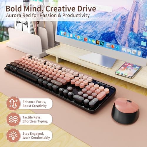 Nowlike Wireless Keyboard and Mouse Combo, Retro Typewriter Keyboard with Round Keycaps, Full-Size Ergonomic, Aurora Red, Ideal for Windows PC, Home, Office, and College - Thumbnail 2