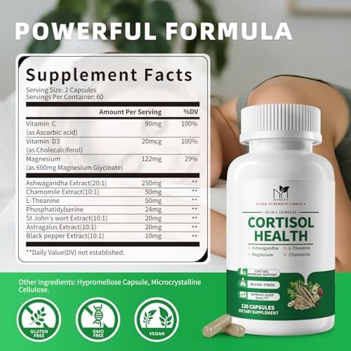 MABEFY Cortisol Supplements for Women/Men - 10 in 1 Cortisol Manager Reducer Lower Detox Balance with Magnesium, Ashwagandha, L-Theanine for Stress, Sleep, Calm, Mood Support - 60 Capsules for 30 Days - Thumbnail 4