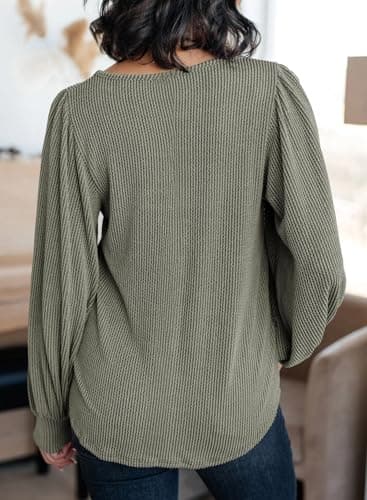 Dokotoo Womens Shirts Fall Casual Long Sleeve Square Neck Solid Pullover Ladies Waffle Striped Knitted Sweatshirt Womens Clothes Autumn Winter Tunic Blouses Green Large - Thumbnail 2