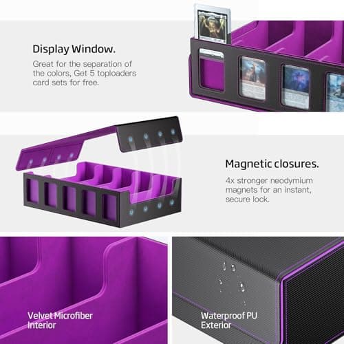 MORCCO Trading Card Storage Box 5-Row 3900+ Capacity,TCG MTG Card Case with Magnetic Lid & Commander Display,Top Loader Storage for Sports Cards,Includes Dividers Dice Box（Black Purple） - Thumbnail 5