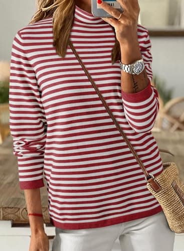 Dokotoo Womens Lightweight Oversized Sweaters Casual Pullover Sweater Fashion Long Sleeve Jumpers Tops Sweaters Spring 2026 Turtleneck Pullover Shirts Red Striped XX-Large - Thumbnail 4
