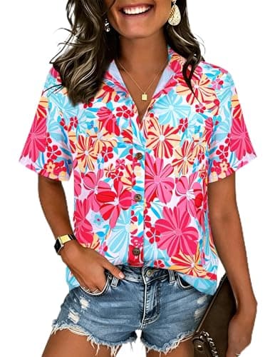 LILYCHIC Women Hawaiian Shirt Summer Floral Tropic Print V Neck Short Sleeve Button Up Beach Vacation Shirts Tops Blue M - Image 1