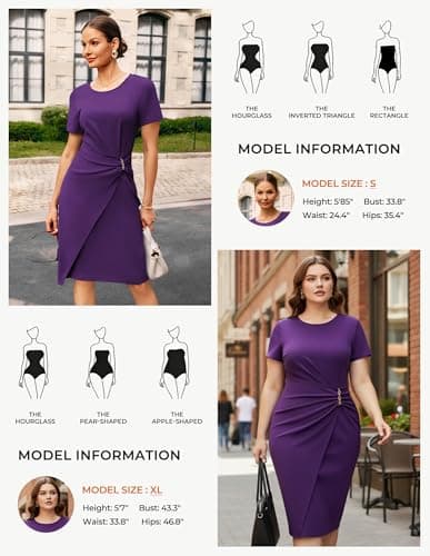 GRACE KARIN Women's 2026 Summer Short Sleeve Work Dress Elegant Business Pencil Dress Crew Neck Formal Outfits Purple XL - Thumbnail 4