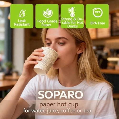SOPARO 20oz Disposable Paper Coffee Cups Bulk, 1000 Count, Commercial Grade, Leak Resistant Hot Cups for Coffee Shops & Restaurants (1000, stock pattern, 20OZ) - Thumbnail 4