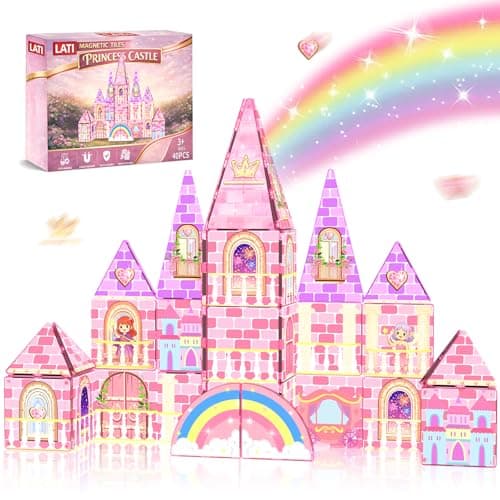 LATI Magnetic Tiles Princess Castle Building Toy for Kids, Double-Sided Magnetic Blocks for Day & Night Play, Open-Ended STEM Educational Toy, Compatible with Other Brands, Gift for Girls Ages 3–8