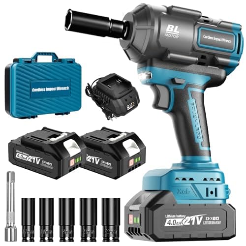 Cordless Impact Wrench, 1/2 Impact Gun with 2 * 4.0A Battery, Brushless Max Torque 885ft-Lbs (1200N.m) Electric Power Impact Driver with Charger & 6 Sockets for Car/DIY Furniture/Lawn Mower - Image 1