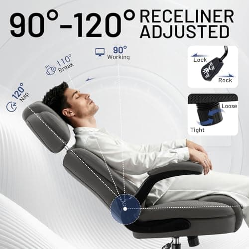 AreShark Ergonomic Office Chair with Lumbar Support, 400lbs Heavy Duty Big and Tall Executive Desk Chair, PU Leather High Back Computer Chair with Flip-Up Arms & Adjustable Headrest, Gray - Thumbnail 3