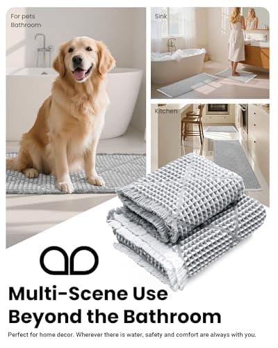 Furicher Waffle Bath Mat Set, Non Slip Bathroom Rugs Sets 2 Piece, Ultra Absorbent Long Bath Rug Runner for Bathroom Decor, Machine Washable Boho Mats, Grey & White, 20"×47" Plus 18"×30" - Thumbnail 2