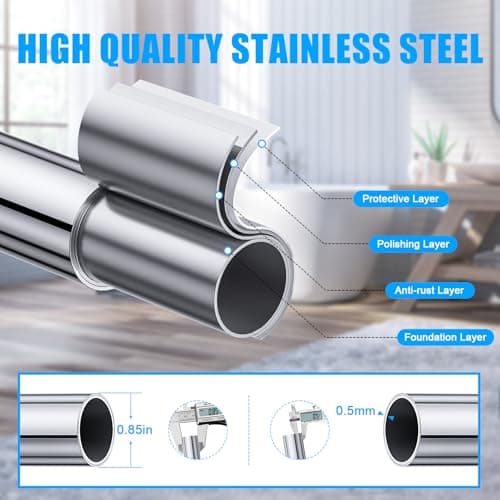 TEECK Shower Curtain Rod, 32-80 inch Adjustable Spring Tension Curtain Rod, Never Rust Anti-Slip Shower Curtain Rod for Bathroom, No Drilling, Never Collapse, Easy to Use, Silver - Thumbnail 4