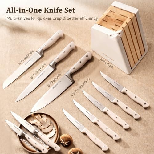 Astercook Knife Set, Kitchen Knife Set with Block and Sharpener, 12 Pcs Ultra-Sharp High Carbon Stainless Steel Knife Block Set with Non-Slip Full Tang Ergonomic Handle, Cream White Cutlery Set - Thumbnail 2