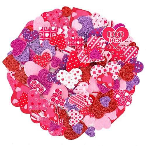 100 PCS Valentines Stickers, Self-Adhesive Foam Heart Stickers Valentines Decor, 3 Sizes Glitter Matte Dots Stripes Foam Stickers, Colorful Valentine Crafts for DIY Card Envelopes Decorations - Image 1