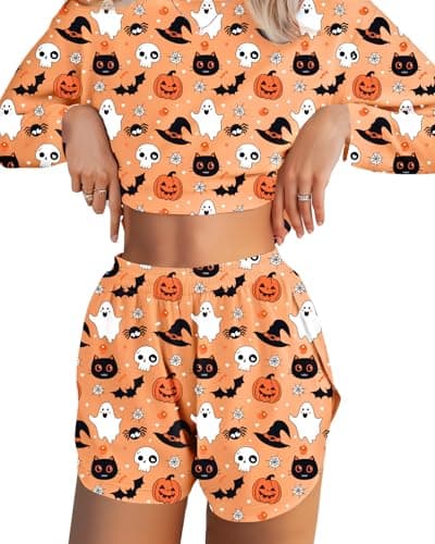 JUSTFASHIONNOW Womens Halloween Pjs Pajamas Set 2 Piece Lounge Set Women Pumpkin Printed Short Sleeve Split Shorts Sets Casual Fall Shorts Sets Comfy Loungewear Outfits (Orange, XX-Large) - Image 1