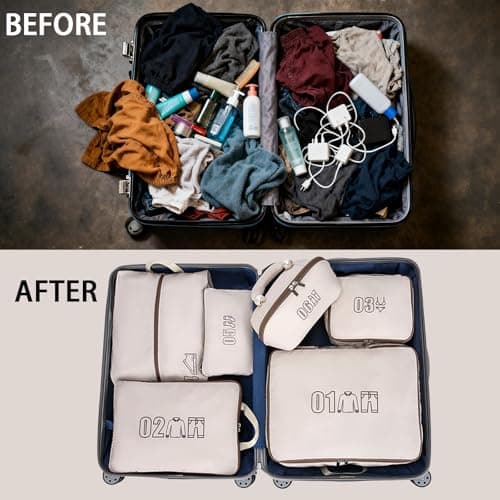 6 Set Compression Packing Cubes for Travel, Gifts for Women Mom, Anti-Tearing Suitcase Organizer for Luggage with Shoe & Hanging Toiletry Bag, Vacation Essentials & Accessories for Cruise Ship, Khaki - Thumbnail 5