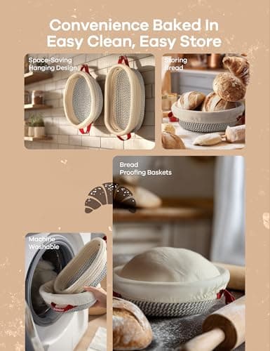 Ganiza Sourdough Starter Kit, Cotton Rope Sourdough Bread Baking Supplies, 9'' Round & 10'' Oval Banneton Basket with Liners & Covers, Sourdough Proofing Basket Kit Gifts for Bakers Women Wife Mom - Thumbnail 6