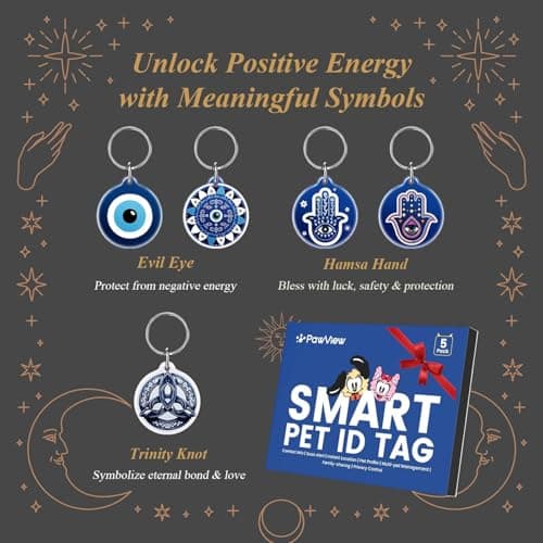 QR Code Pet ID Tags for Dogs & Cats, Guardian Spirit Series 5Pcs, Evil Eye, Hamsa Hand & Celtic Knot Symbols, Scan QR for Instant Location Alerts, Emergency Contact, Dog Collar Charms, Keychain - Thumbnail 2