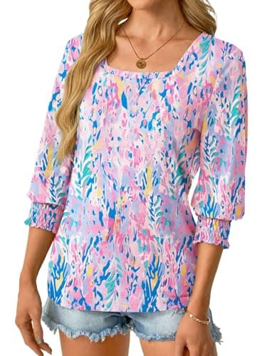 GKBK Womens 3/4 Sleeve Shirts Square Neck Dressy Casual Blouses Spring Summer Smocked Cuffs Tops - Thumbnail 3