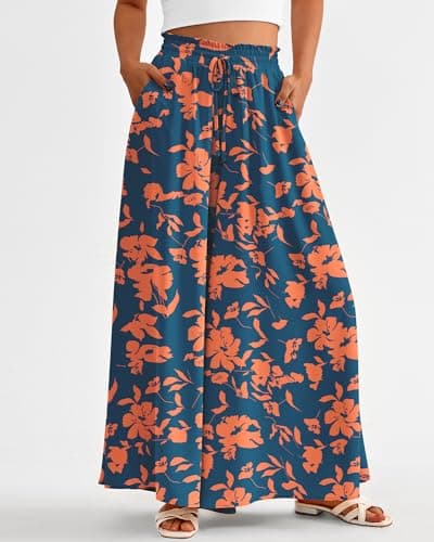 BTFBM Wide Leg Palazzo Pants for Women 2026 Summer Spring Casual High Waisted Flowy Trousers Boho Beach Vacation Outfits(Print Dark Blue Orange, XX-Large) - Thumbnail 2