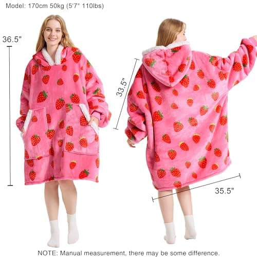Kipswiza Strawberry Wearable Blanket Hoodie - Soft Cozy Sherpa Fleece Oversized Hooded Blankets Sweatshirt Birthday Gifts for Women Girls Mom Daughter Adult - Thumbnail 5