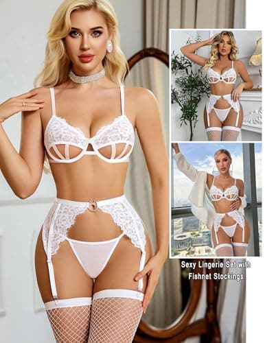 Avidlove Bridal Lingerie for Women Sexy Set with Garter Stockings Cut Out Lace Bra and Panty Push Up Wedding Lingerie White - Thumbnail 2