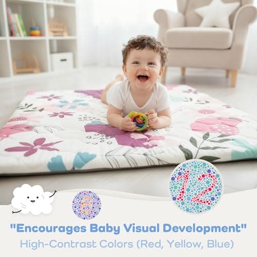 PaPaMat 1.5" Thick Premium Foam Baby Play Mat 50x50 Removable & Machine Washable Cover for Baby Tummy Time, Softness Easy Clean Waterproof & Non-Slip Backing Safe for Crawling (Floral) - Thumbnail 3