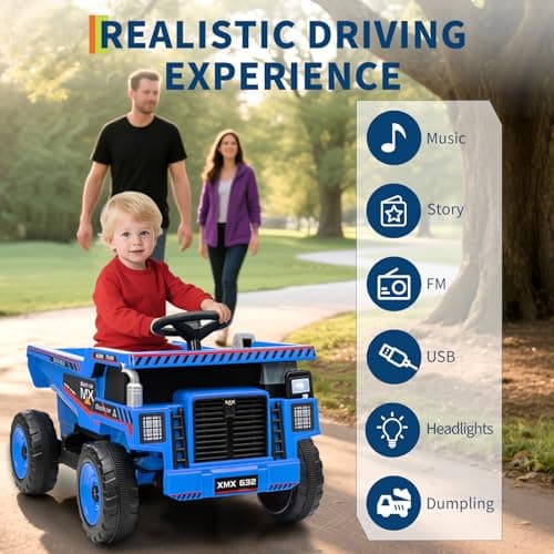 Garvee 12V Ride On Dump Truck for Kids, Ride On Car with Remote Control, Construction Vehicles with Dump Bed & Shovel, Ride-On Toys 16.5 in Spacious Seat, Music, Headlights, Soft Start, Blue - Thumbnail 6