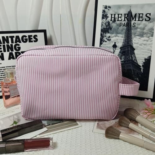 Toodoumama Personalized Makeup Bag Custom Name Embroidered Cosmetic Pouch, Cotton Seersucker Striped Travel Toiletry Organizer, Gifts for Bridesmaid Women (Flat Pouch with Handle) - Thumbnail 5