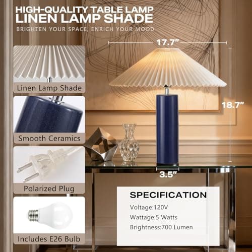 EOEYYOYB Ceramic Table Lamps for Bedroom, Adjustable Shade Lamps for Night Stands, Modern Cylindrical Nightstand Table Lamps 5W E26 for Bedroom Bedside Buffet, Blue - Thumbnail 3