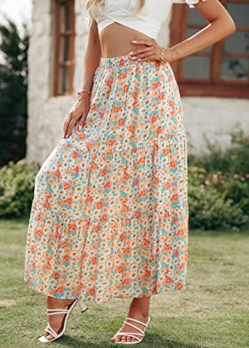 KIRUNDO Women 2026 Spring Summer High Waist Boho Floral Maxi Skirt Trendy Casual Flowy Swing Pleated A Line Beach Long Skirts(Green, Medium) - Thumbnail 4