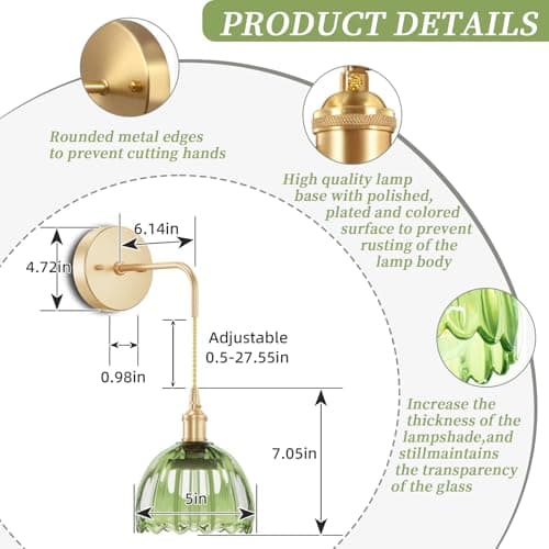 Kavedod Battery Operated Wall Sconce CCT Dimmable Wireless Sconcesm Vintage Light Fixture with Green Tulip Glass Lampshade Wall Decor Set for Living Room Bedroom Bedside Bathroom 1PC Green - Thumbnail 4