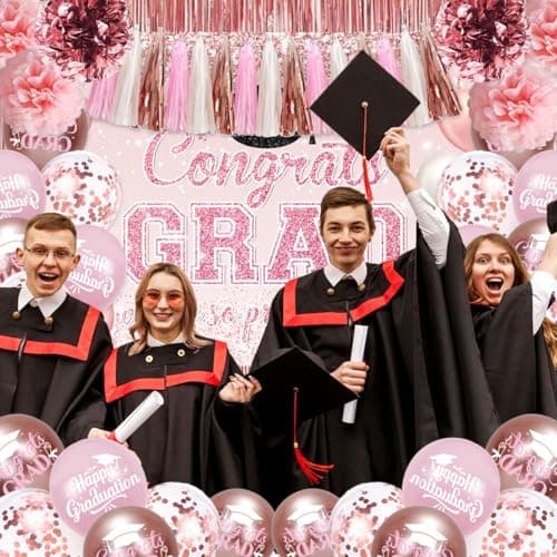 Graduation Decorations Class of 2026, Congrats Grad Backdrop, Graduation Balloons, Paper Pompoms, Paper Tassels, Foil Curtains for 2026 Graduation Party Decorations(Pink) - Thumbnail 5