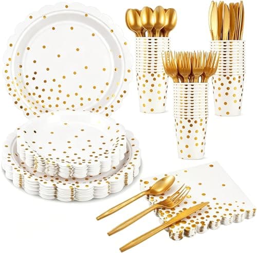 Xiangqu 175 Pcs White and Gold Paper Plates and Napkins, Disposable Gold Party Dinnerware Include Scalloped Party Plates Napkin Cups Plastic Cutlery for Birthday Wedding Graduation Congratulations - Image 1