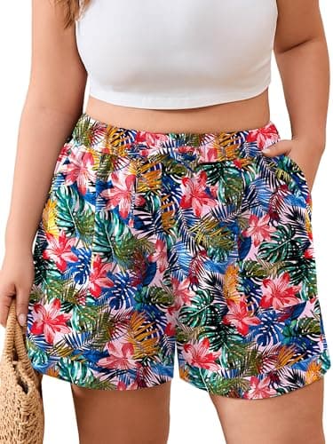 AusLook Plus Size Summer Shorts for Women Wide Leg Elastic Waist Beach Vacation Lounge 2026 Tropic Affair 5X Shorts with Deep Pockets