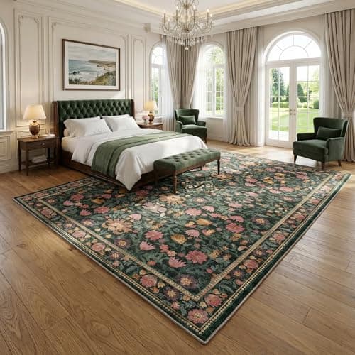 Cnythlis 9'x12' Washable Non-Slip Extra Large Living Room Rug, Vintage Botanical 0.26" Low Pile Faux Wool Soft Water Resistant Carpet, Dark Green - Thumbnail 2