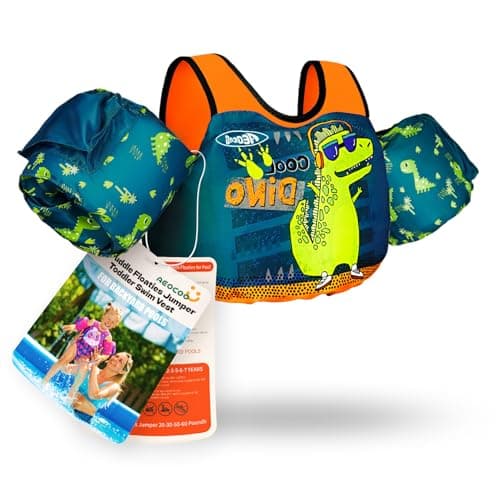 AEOCOO Puddle Float Jumper 20-30-50-60-70 Pounds, Toddler Swim Vest for 1-3-5-6-9 Years Old, Pool Floats with Swimming Arm Floaties Swim Jacket for Kids Swimmies, Boys, Girls, Niños, Cool-Dino