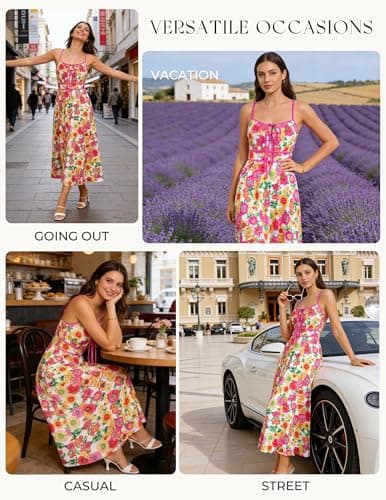 GRACE KARIN 2026 Women's Summer Maxi Floral Dress, Spaghetti Strap Tie Front Boho Sundress with Pockets, Pink Yellow L - Thumbnail 4