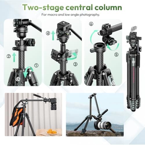 ULANZI JJ06 GlideGo Carbon Fiber Video Tripod, Dual 360° Pan Head, 73.6 inch Max Height, 11 lb Load, UKA Quick Release, Professional Portable Lightweight Travel Tripod with Bag - Thumbnail 2