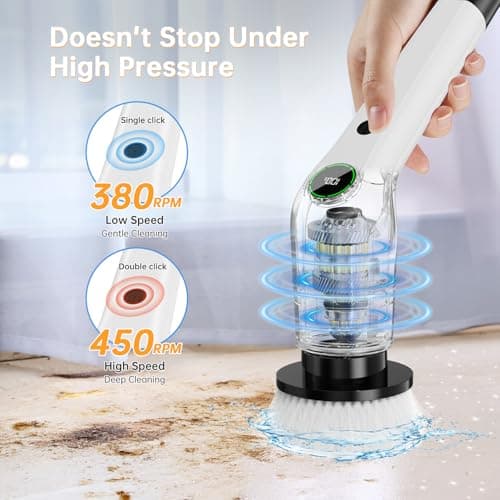 PUFTEM Electric Spin Scrubber, Cordless Shower Scrubber with 8 Scrub Brush, 2 Speed with Adjustable Extension Handle, Battery Level Display, Power Scrubber for Bathroom Bathtub Tile Floor (Black) - Thumbnail 4