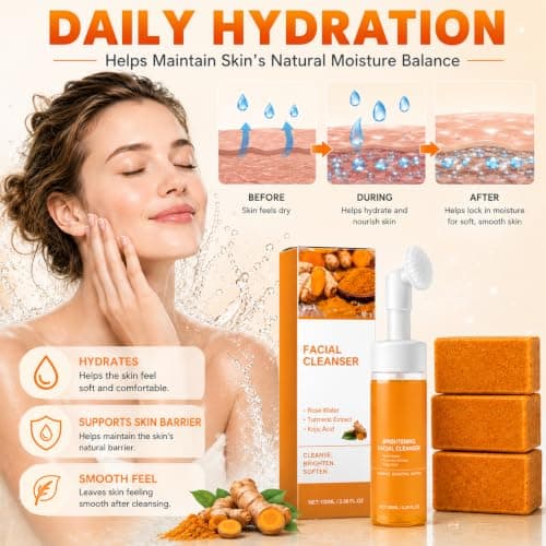 zhnnt 5Pcs Turmeric Wash and Care Set,2Pcs Tuemeric Facial Cleanser & 3 Pcs Turmeric Soap Bars,Face & Body Cleanser,Turmeric Cleansing Skincare Set, Deep Cleansing - Thumbnail 3