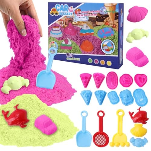 greenglo Kids Sensory Magic Sand Playset - 1.10 Lbs Color Sand Kit, 16 Pcs Molds (Cake/Dessert, car, sea Animal) & Tools, Ideal Sensory Bin for Boys & Girls Ages 3-8 - Image 1