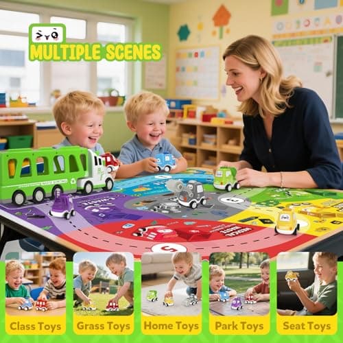 7-in-1 Toddler Truck Toys for 2 3 4 5 Year Old Boys - 17" Longer Transport Eco Carrier Truck with 6 Cute Pull Back Cars and Playmat, with Light & Sound, Christmas Birthday Gifts for Kids 2-5, Grey - Thumbnail 6