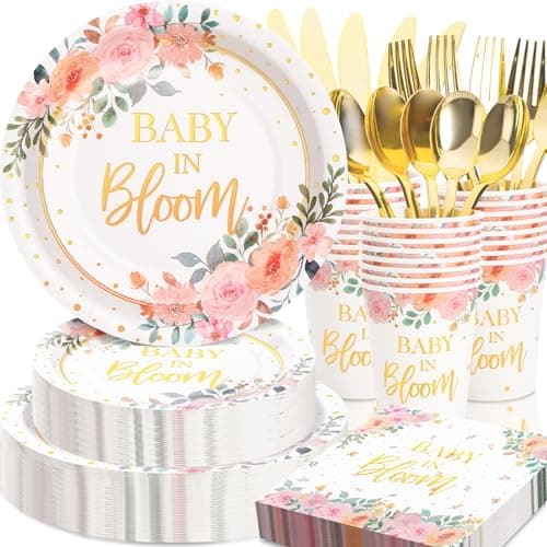 Gudvilla 350 Pcs Baby in Bloom Baby Shower Decorations for Girl, Its a Girl Baby Shower Plates and Cups and Napkins Sets, Pink Floral Baby in Bloom Plates and Napkins Sets, Serves 50 - Image 1