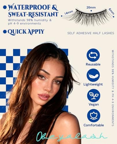Obeyalash Waterproof Self Adhesive Eyelashes,Half Eyelashes 6-14mm, 5 Pairs Natural Look Stick on False Eyelashes, No Glue Needed, Wispy Glueless Lashes Reusable and Comfortable (M874) - Thumbnail 4