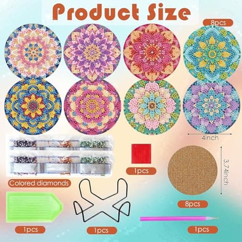 Diamond Painting Coasters Kit Mandala With Holder, DIY Mandala Diamond art Coasters Cork Wooden Pad Board Double Layer is Strong and Wear-Resistant for Beginners Adults Art Craft Supplies Gift 4X4IN - Thumbnail 3